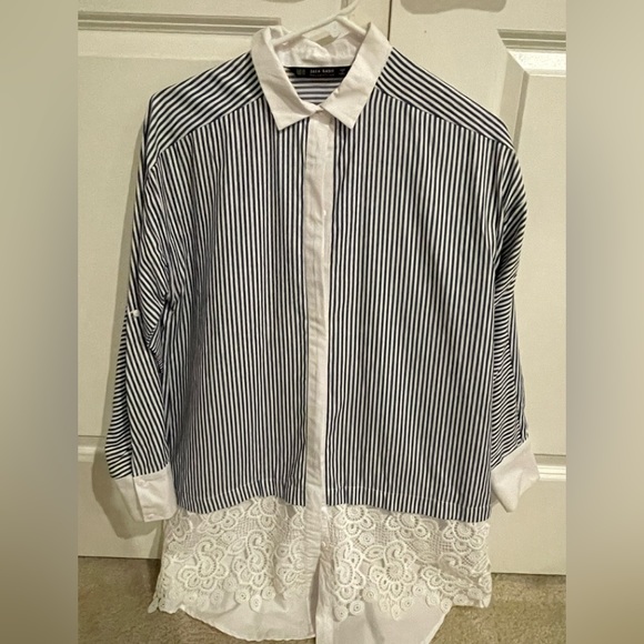 Zara Striped Contrasting Lace Shirt Dress Top - Picture 2 of 5